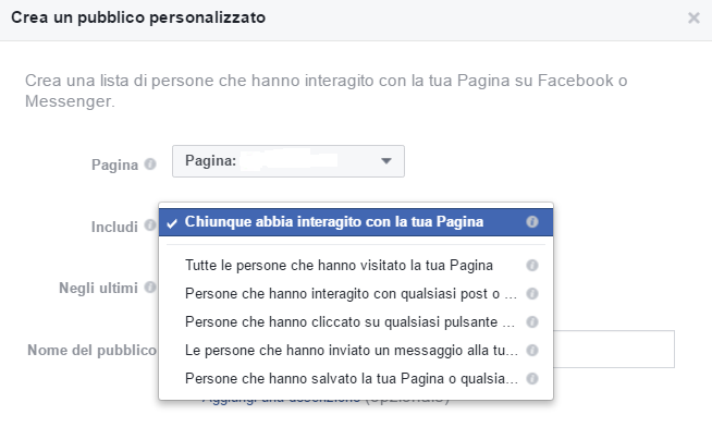 crea pubblico scegli interazioni personalizzato interazioni con la pagina per le campagne di retargeting di claudio lombardi