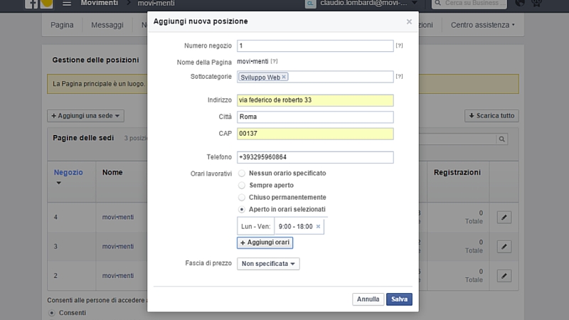 imposta facebook locations per la gestione dei negozi locali