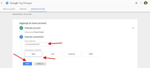 scrivi il nome e seleziona dove vuoi impostare il codice e crea il progetto tag manager di claudio lombardi esperto adwords analytics e tag manager