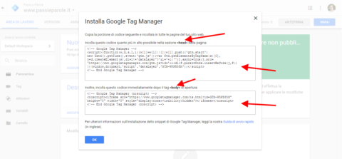 seleziona il codice tag manager e incolla seguendo le istruzioni nel plugin di word press scaricato di claudio lombardi esperto siti web wordpress