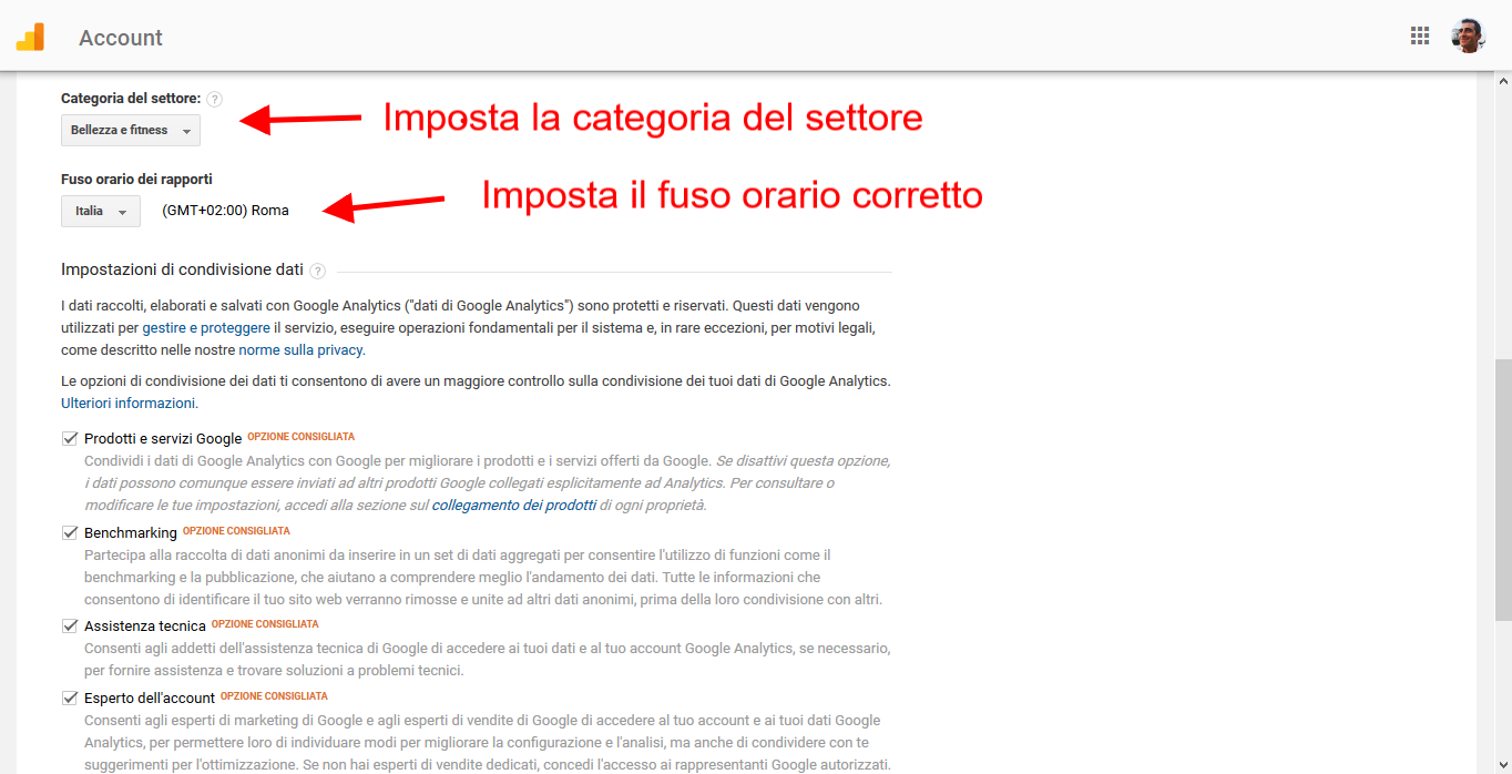 analytics completa gli spazi per impostare account 2